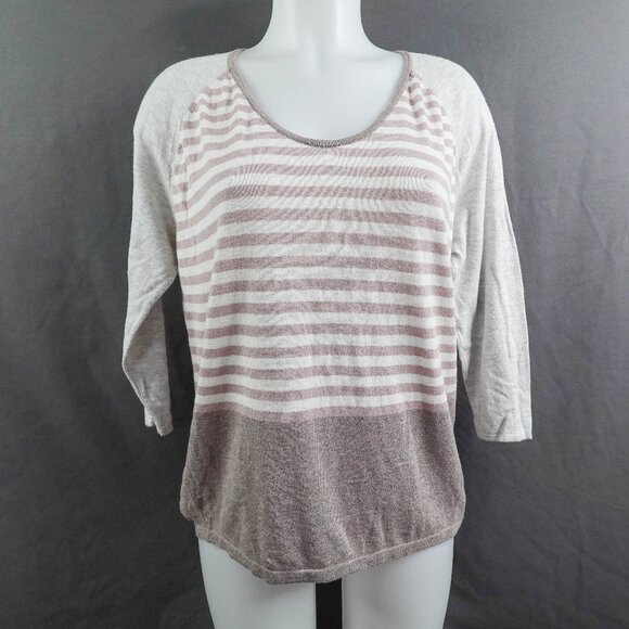 Old Navy Womens Sweater Medium Tan Stripe Minimalist Preppy Academia Indie Soft - Picture 1 of 12